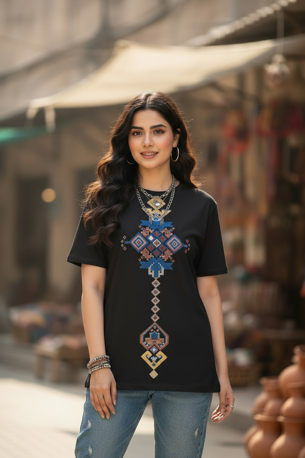 Cross Motif Women White Tee Regular Fit