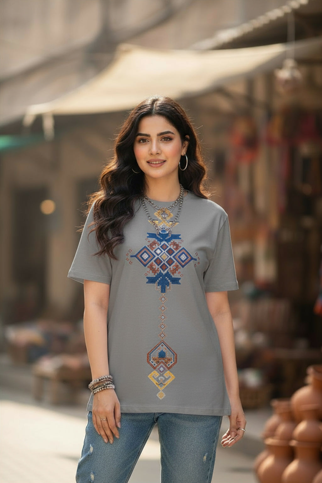 Cross Motif Women White Tee Regular Fit
