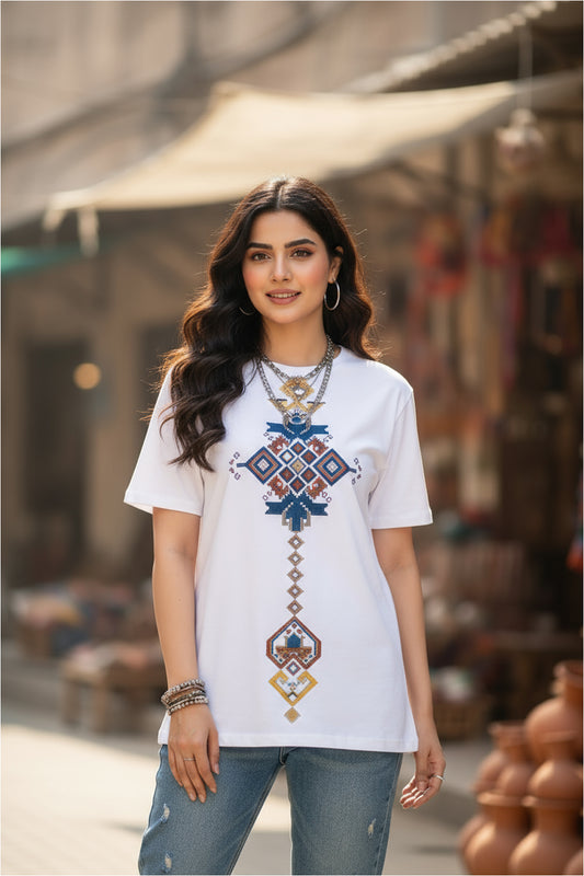 Cross Motif Women White Tee Regular Fit